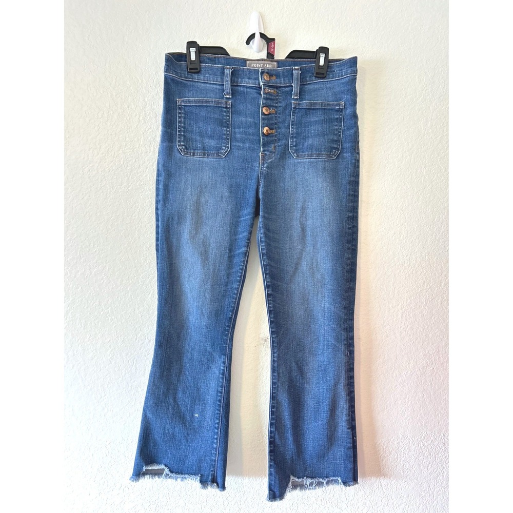 J.Crew Point Sur High Rise Flare Jeans Button Fly Patch Pocket Blue SZ 30